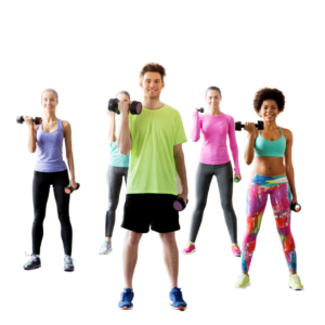 Group of men and women exercising with dumbbells